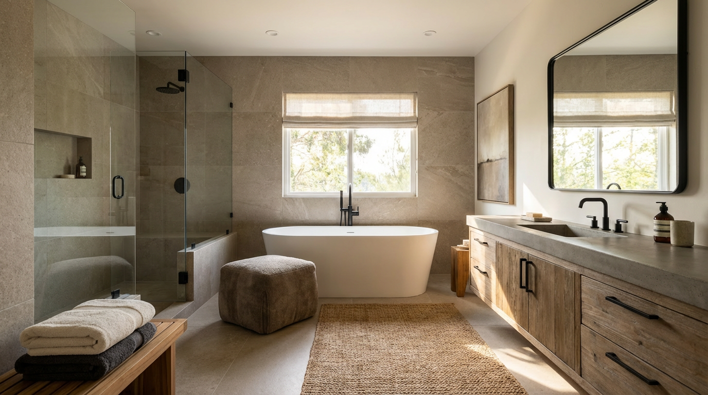 This is a luxurious primary bathroom featuring a freestanding white bathtub positioned beneath a window with a roman shade. The space includes a glass-enclosed shower, a wooden vanity with a concrete countertop, and a jute rug. The overall aesthetic is modern and spa-like, with neutral tones and natural materials creating a serene atmosphere.