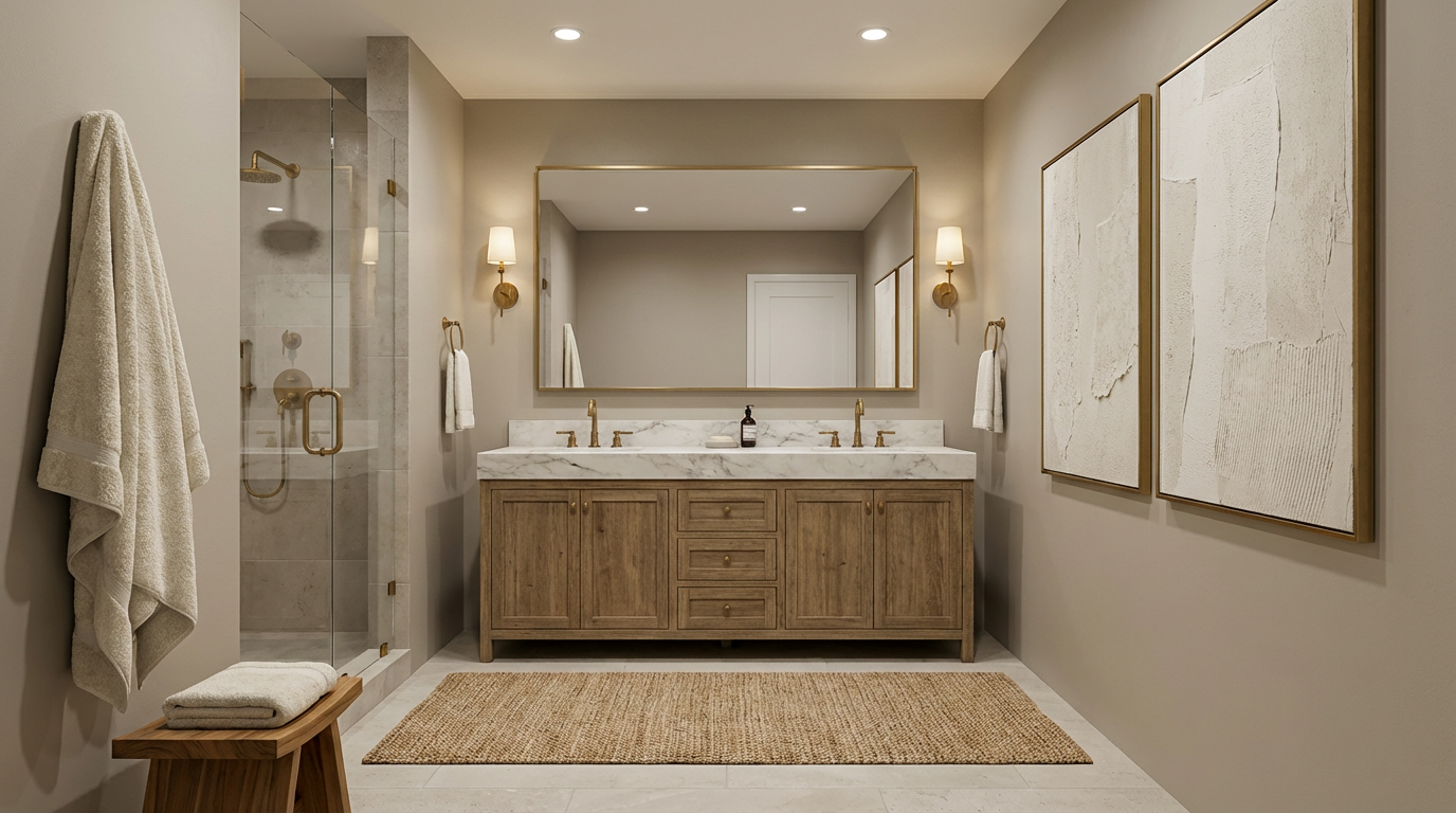This is a well-lit primary bathroom featuring a double vanity with a marble countertop and wooden cabinets. A large mirror hangs above the vanity, flanked by sconces, and two framed artworks adorn the wall to the right. A glass-enclosed shower is visible to the left, and a woven rug adds warmth to the space.