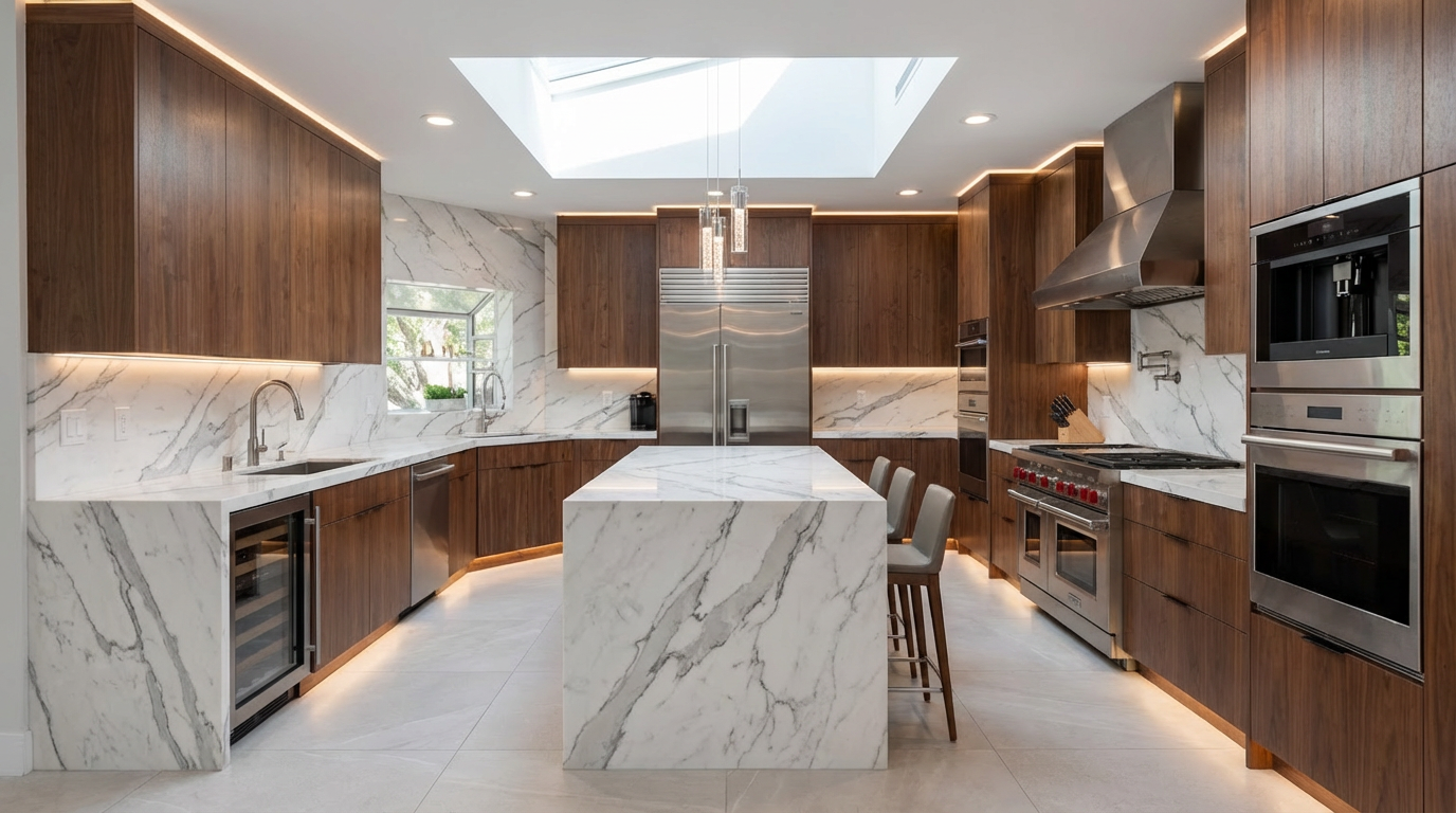 This is a well-lit, modern kitchen featuring walnut cabinetry, marble countertops and backsplash, and stainless steel appliances. A large marble island with seating anchors the space, while a skylight provides natural light. The overall impression is luxurious and sophisticated.