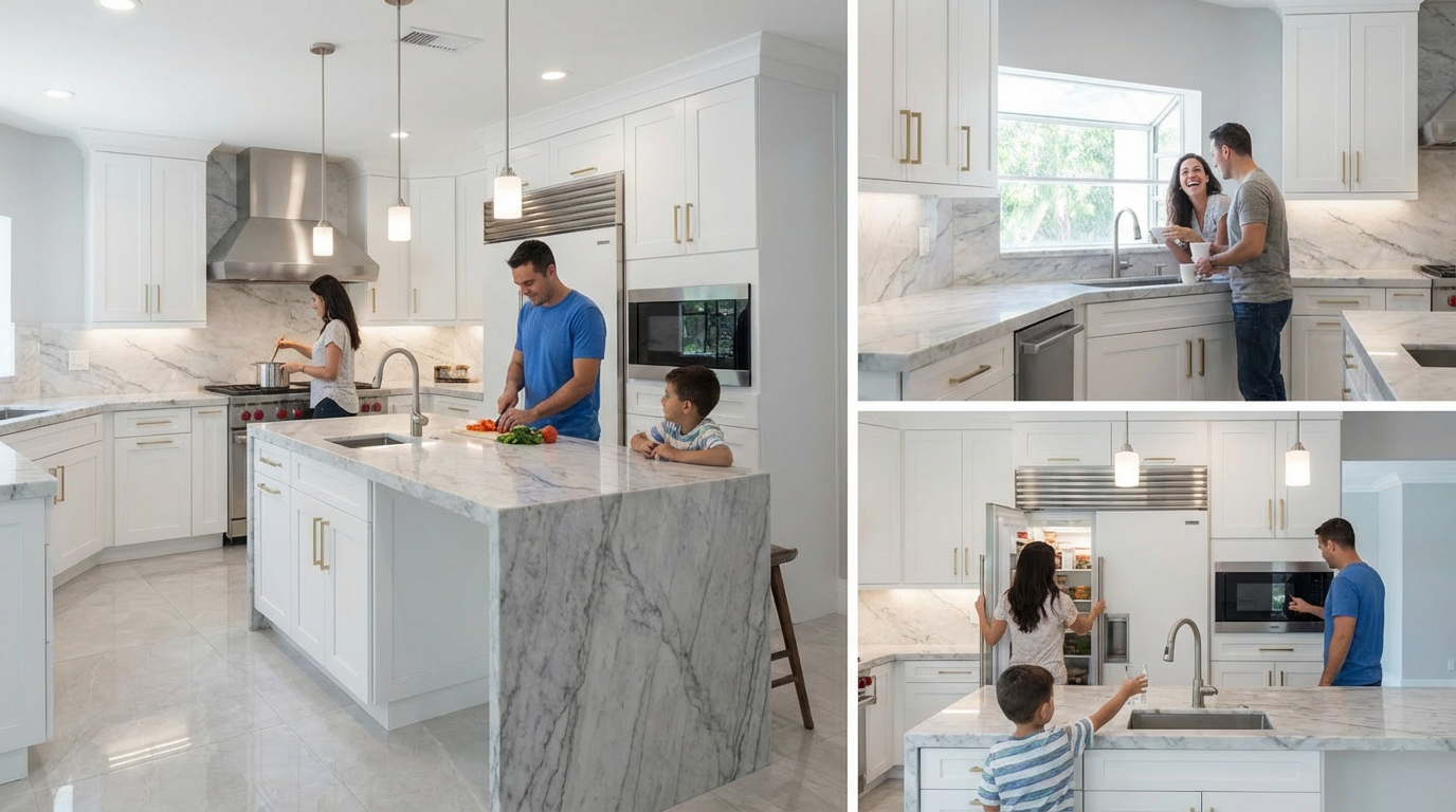 This image showcases a bright and modern kitchen with white cabinetry, stainless steel appliances, and marble countertops. A large island provides ample workspace, while pendant lights add a touch of elegance. The open layout and clean design create an inviting and functional space for cooking and entertaining.