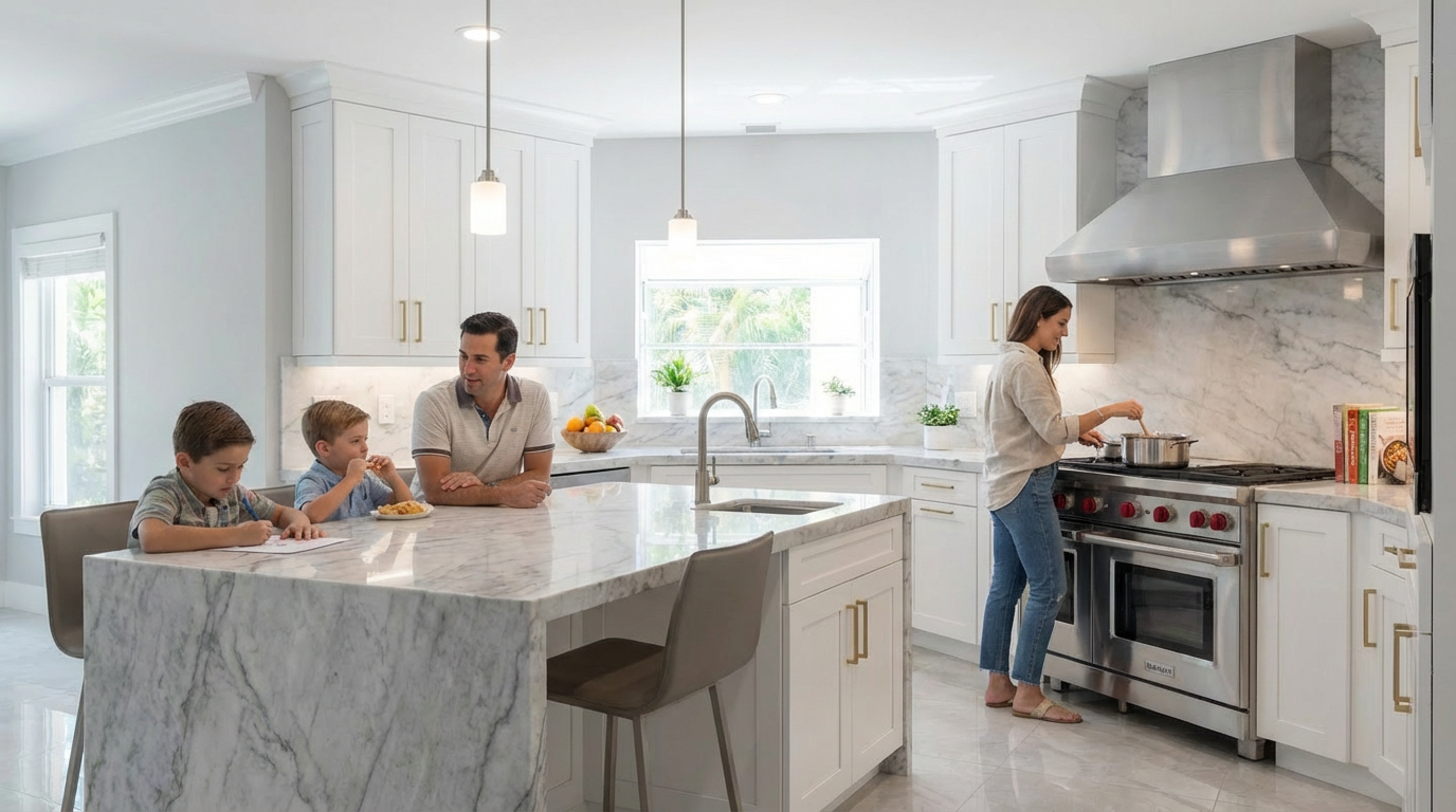 This is a bright and modern kitchen featuring white cabinetry, stainless steel appliances, and a large marble island. The kitchen is well-lit with pendant lighting and natural light from a window above the sink. The scene includes a family, adding a sense of warmth and liveliness to the space.