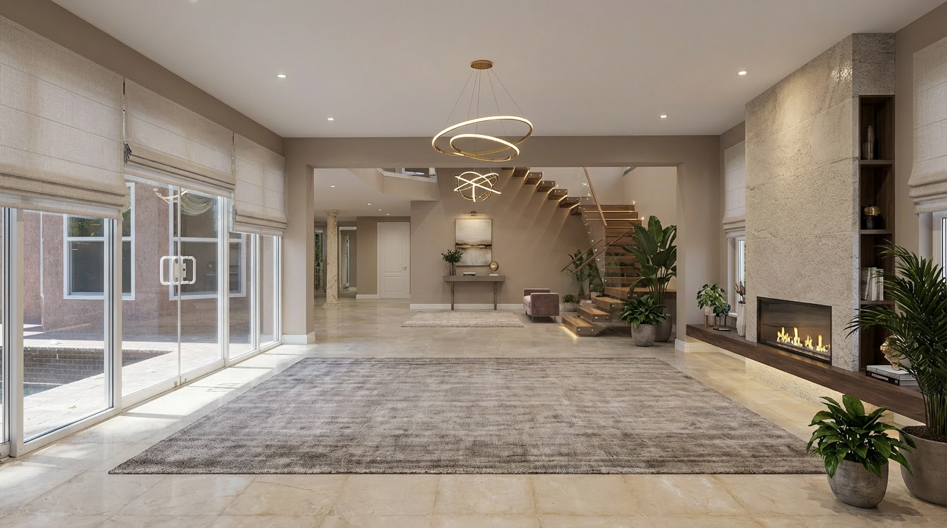 This is a spacious and modern living room featuring a large area rug, a fireplace with a stone surround, and floor-to-ceiling windows that provide ample natural light. A staircase leads to an upper level, and contemporary lighting fixtures add a touch of elegance. The room exudes a sense of luxury and comfort.