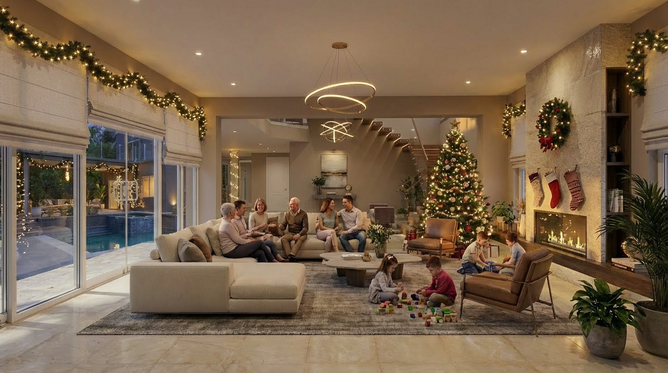 This is a spacious and inviting living room decorated for the holidays, featuring a large sectional sofa, a modern fireplace with stockings, and a beautifully decorated Christmas tree. The open floor plan connects to a staircase and other living areas, creating a sense of flow and connectivity. The perspective is wide-angle, capturing the entire scene and emphasizing the room's size and layout.