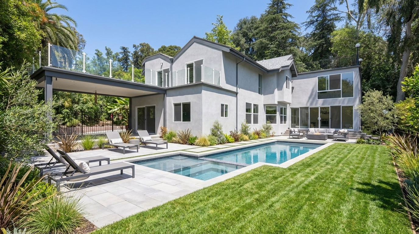 This image showcases the rear exterior of a modern home, highlighting a luxurious pool and spa area. The pool is surrounded by a well-manicured lawn and a stone patio with lounge chairs. The house features large windows and a covered patio area, creating an inviting outdoor living space.
