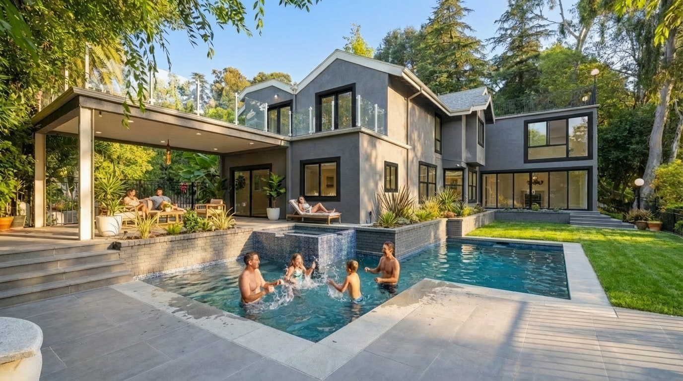 This image showcases a luxurious backyard featuring a modern two-story home with a pool and spa. The pool area is designed with a waterfall feature and surrounded by well-maintained landscaping and a covered patio area. The overall impression is one of upscale outdoor living and relaxation.