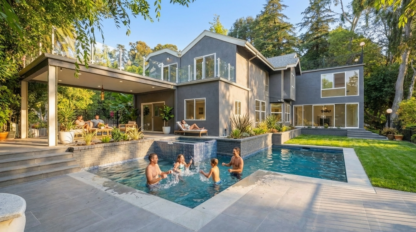 This image showcases a luxurious backyard featuring a modern home with a pool and spa. A family is enjoying the pool, while others relax on the patio and deck area. The well-maintained lawn and landscaping add to the property's appeal, creating an inviting outdoor living space.