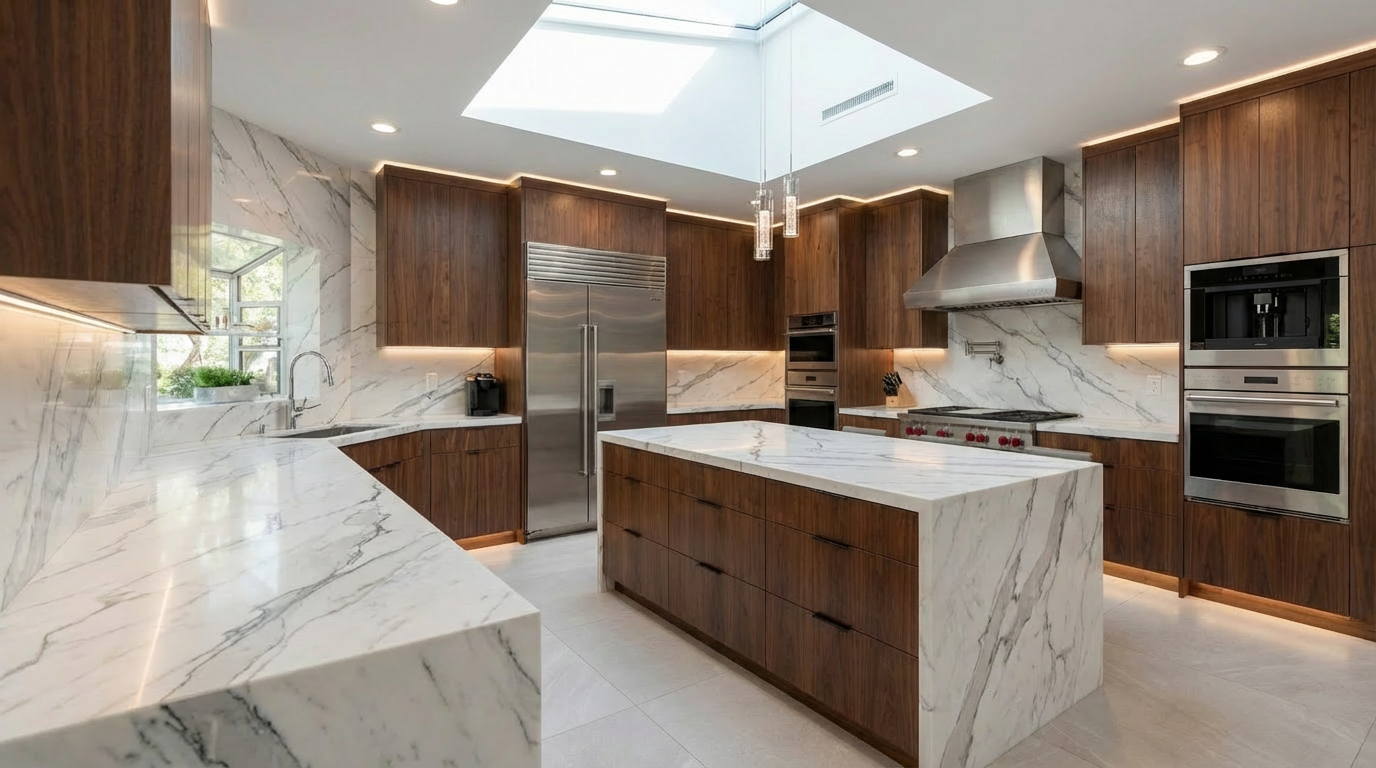 This is a modern kitchen with dark wood cabinetry, marble countertops and backsplash, and stainless steel appliances. A large island with a marble countertop sits in the center of the room, illuminated by pendant lighting. A skylight provides natural light, enhancing the luxurious feel of the space.