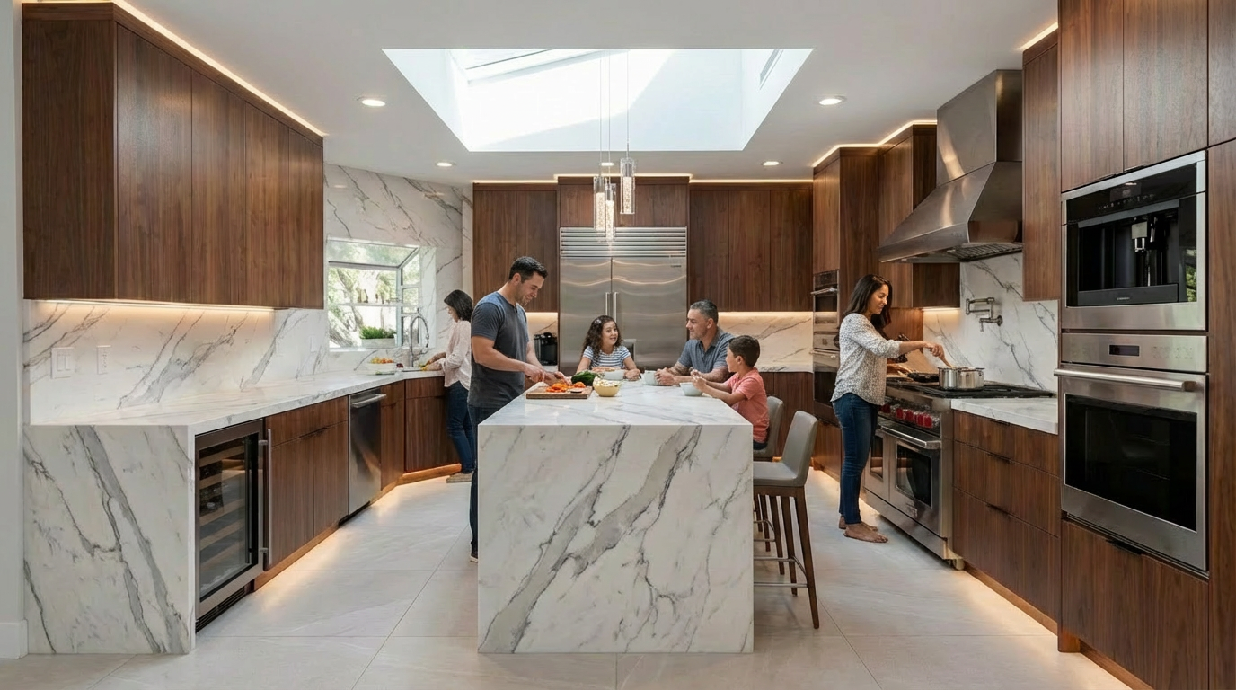 This is a spacious, modern kitchen featuring dark wood cabinetry, white marble countertops and backsplash, and stainless steel appliances. A large marble island provides ample workspace and seating, while a skylight floods the room with natural light. The kitchen is occupied by a family, creating a warm and inviting atmosphere.