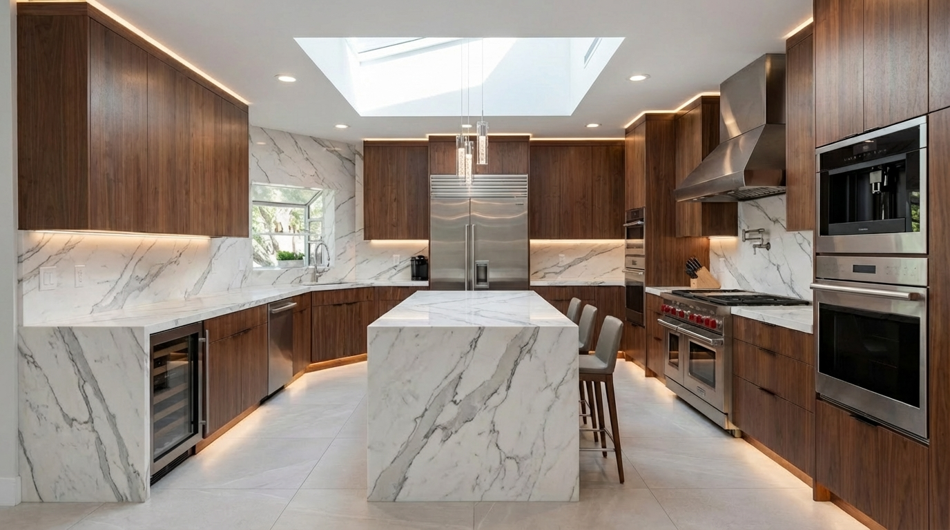 This is a bright and modern kitchen featuring walnut cabinetry, marble countertops and backsplash, and stainless steel appliances. A large island with a waterfall edge provides ample workspace and seating. The kitchen is well-lit with a skylight and under-cabinet lighting, creating a warm and inviting atmosphere.