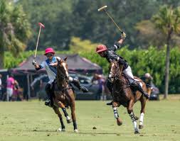 This image features two polo players actively competing on a sprawling green field during a match, highlighting the equestrian amenities available within the community. The open layout and well-maintained grass field provide a sense of luxury, space, and active outdoor lifestyle. The visible field and surrounding mature trees suggest a high-end recreational environment conducive to outdoor sports.