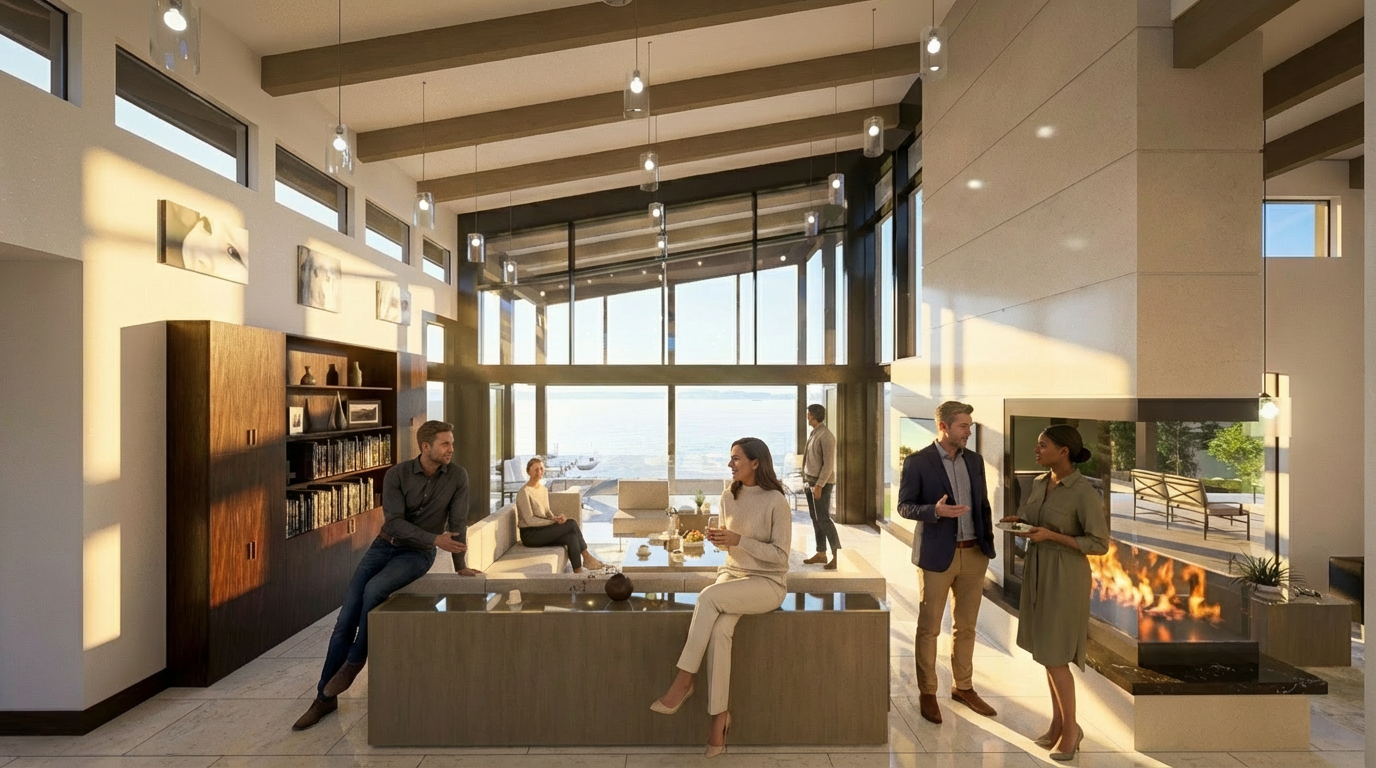 This is a spacious and contemporary living room with high ceilings and large picture windows providing stunning views. The room features modern decor, including built-in bookshelves, a chic fireplace, and stylish furniture arranged for socializing. Natural light floods the space, creating a bright and inviting atmosphere.