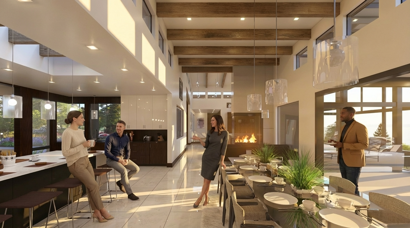 This is an interior shot of a modern dining room within a luxury home. The space features high ceilings with exposed wooden beams, contemporary lighting fixtures, and a long dining table set for a meal. People are present, adding a sense of scale and illustrating the room's function as a gathering place.