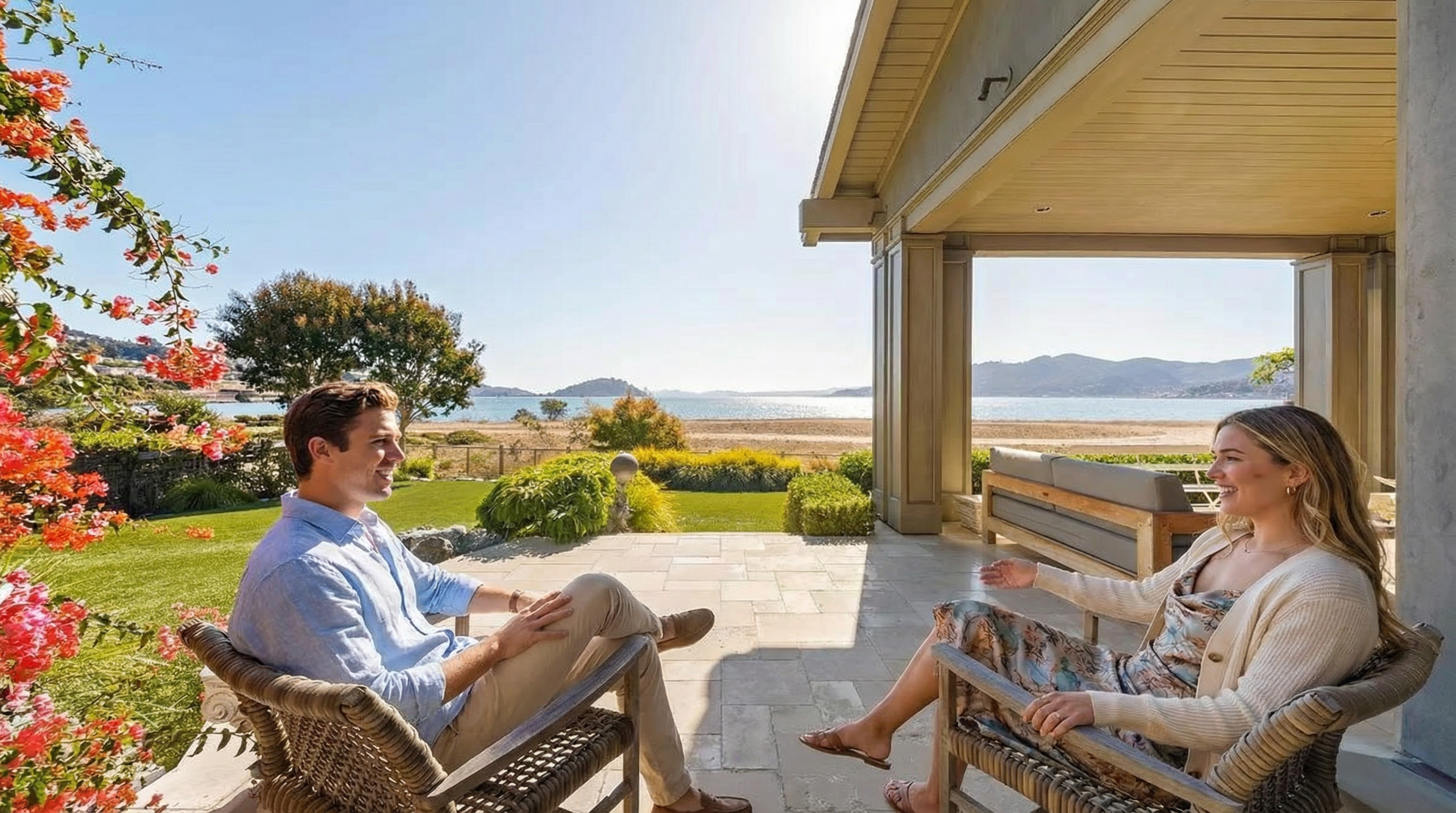 This image showcases a charming patio or deck area with a stunning view of a body of water featuring mountains in the background. A man and a woman are seated in wicker chairs, suggesting a relaxed and inviting atmosphere. The area is complemented by a well-maintained lawn and tasteful landscaping, enhancing the property's appeal.
