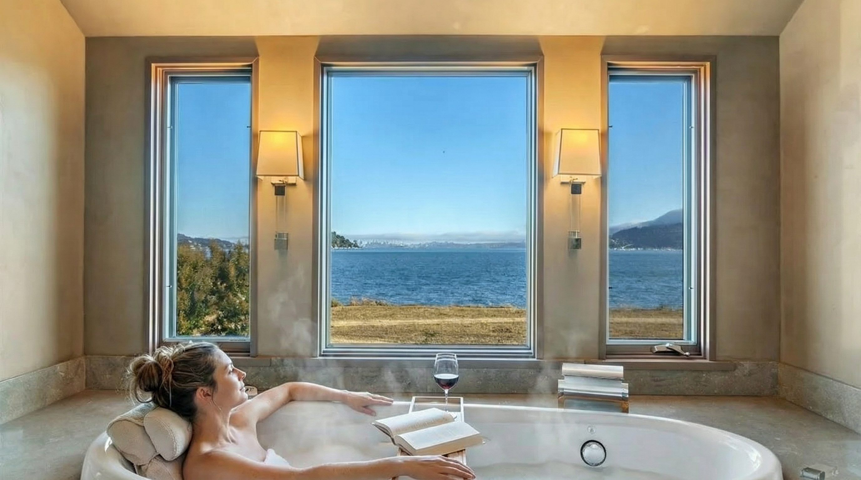 This luxurious primary bathroom features a soaking tub positioned perfectly to enjoy the expansive ocean view through three large windows. The room is adorned with neutral colors, creating a serene and spa-like atmosphere. Reading material and a glass of wine suggest relaxation and indulgence, emphasizing the bathroom's function as a personal retreat.