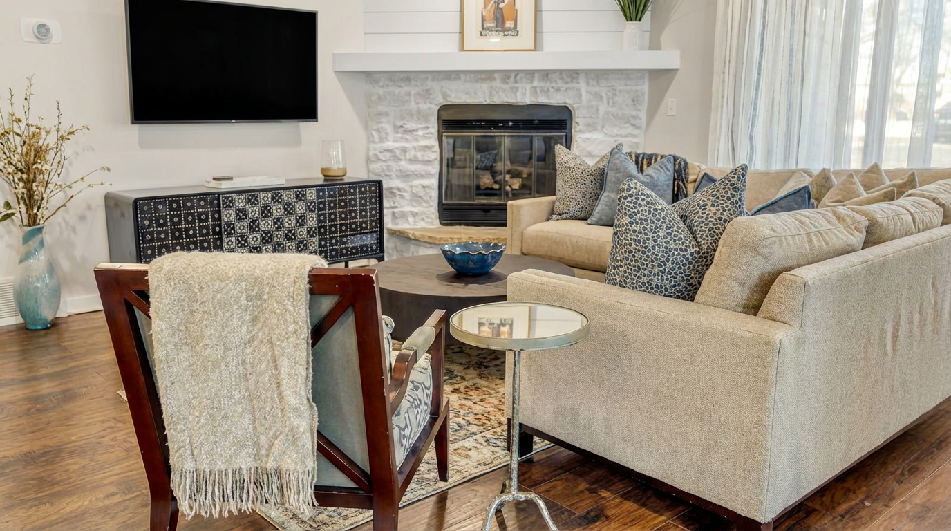 This image showcases a well-decorated living room, featuring a stone fireplace with a mantel and a flat-screen TV mounted above a patterned cabinet. A beige sectional sofa with patterned throw pillows creates a comfortable seating area, complemented by an accent chair and a round coffee table. The hardwood floors and neutral color palette create a warm and inviting atmosphere, suitable for a family room.