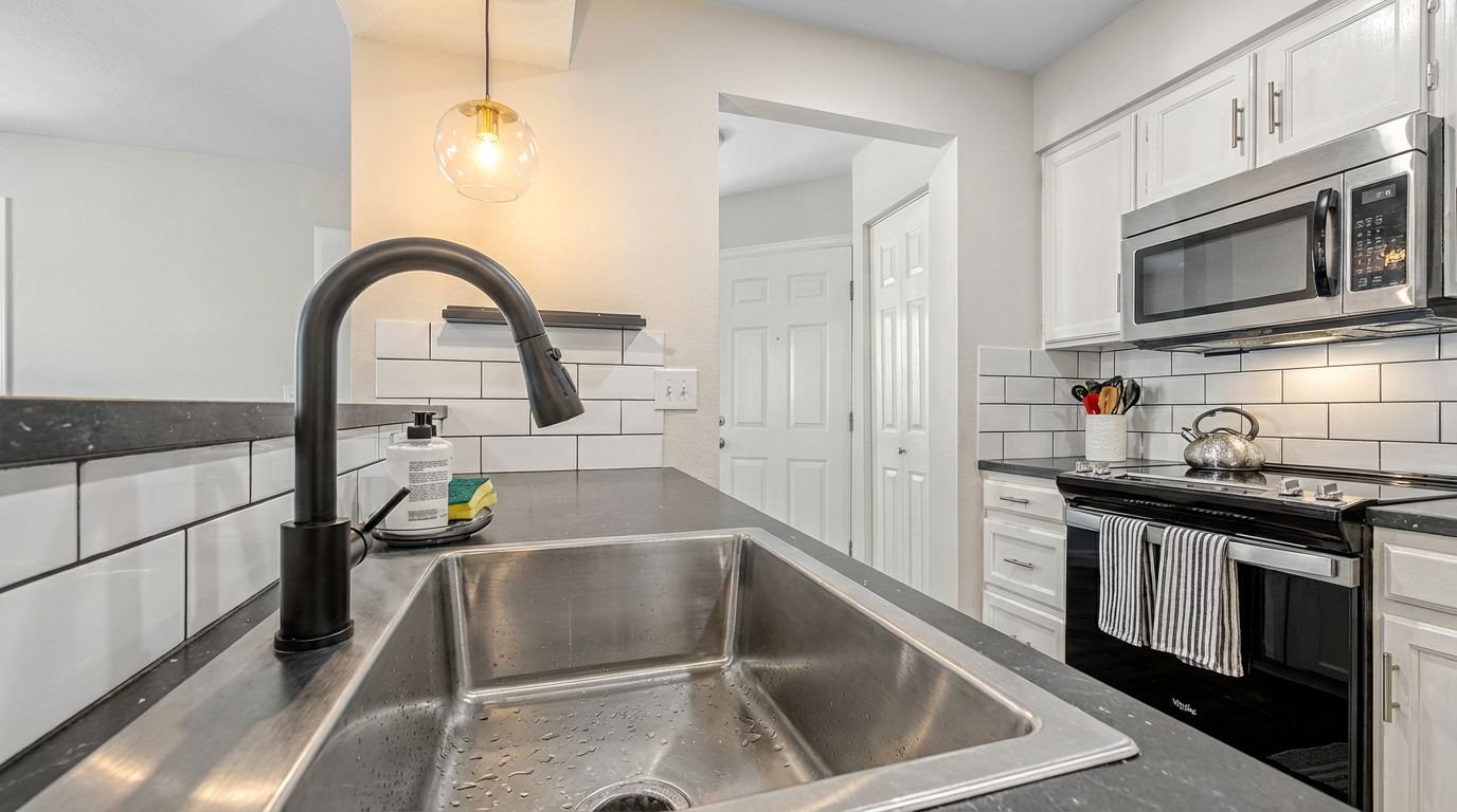 This is an interior shot of a kitchen featuring a stainless steel sink with a black faucet. The countertops are dark, contrasting with the white subway tile backsplash and white cabinets. Modern pendant lighting adds a stylish touch to the space.