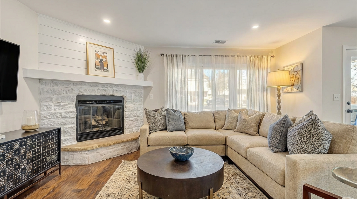 The living room boasts a cozy and inviting atmosphere, featuring a large sectional sofa, a stone fireplace, and hardwood flooring. Natural light floods the space through sheer curtains, creating a bright and airy ambiance. A round coffee table anchors the seating area, and tasteful decor enhances the room's charm.