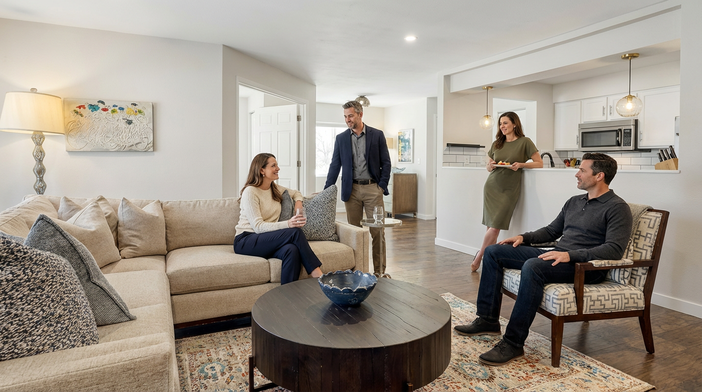 This is a bright and inviting living room that flows seamlessly into the kitchen area. The living room features a comfortable sectional sofa, a round coffee table, and a patterned area rug. The open-concept design emphasizes the spaciousness and modern appeal of the home, making it an ideal space for gatherings.
