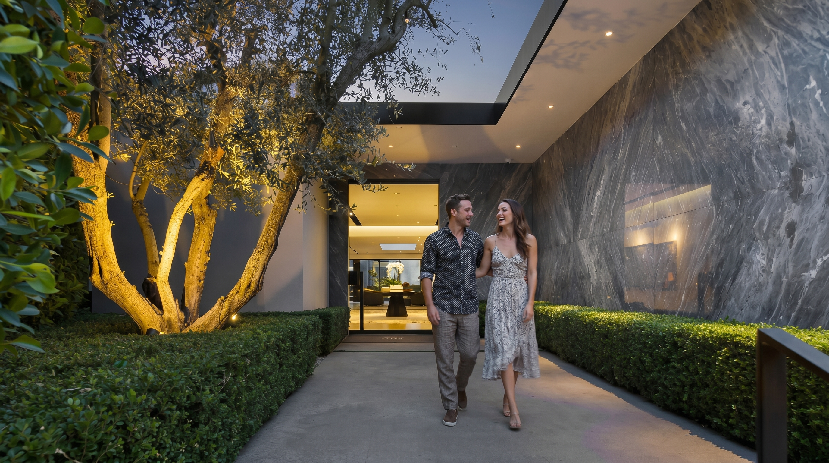 This modern entryway features a sophisticated marble-clad wall and a grand glass doorway leading to a stylishly illuminated interior. A large, artfully up-lit olive tree stands beside a clean, concrete walkway bordered by manicured hedges, creating an inviting and luxurious curb appeal that is ideal for entertaining.