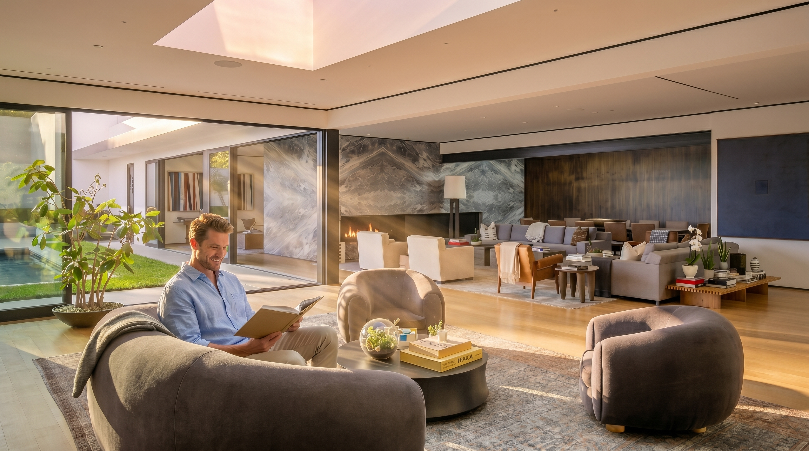 This spacious, open-concept living area features a sophisticated modern design with floor-to-ceiling glass walls that seamlessly connect the indoor space to a manicured garden and pool area. The room is anchored by a striking marble fireplace wall, cozy plush seating arrangements, and a light-filled skylight that enhances the warm, upscale atmosphere. Its blend of high-end materials and natural light creates an inviting and serene environment perfect for luxury living.