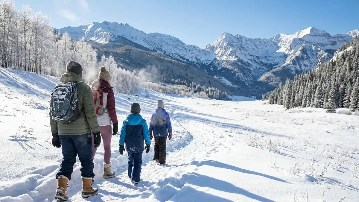 A family is hiking along a snow-covered path through a scenic mountain landscape. The image showcases a vast, snowy yard or garden area, surrounded by snow-covered trees and mountains. The presence of the family suggests the potential for outdoor recreational activities and highlights the property's proximity to nature.