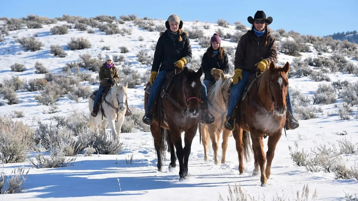 The image showcases a recreational activity, specifically horse riding, in a snowy, rural environment. The scene features four individuals riding horses, highlighting an outdoor lifestyle and the property's potential for equestrian activities. The snowy backdrop adds a scenic element, emphasizing the natural beauty and recreational opportunities offered by the area.