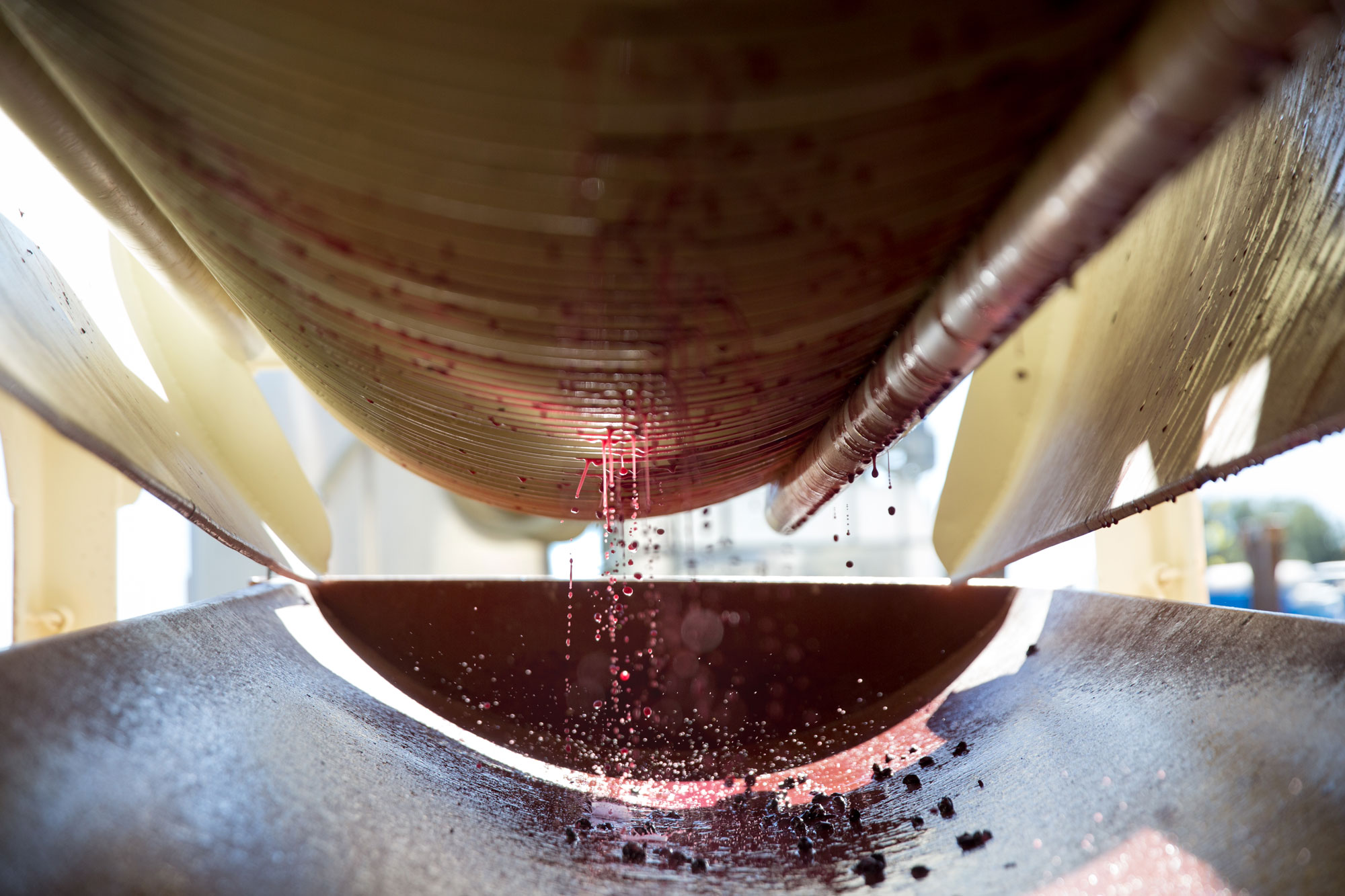 This image showcases a close-up, industrial-focused shot of a wine press in operation, with deep red grape juice dripping from the mechanical components. The perspective looks up into the machinery, highlighting the process of winemaking within a winery or production facility. It is a functional, technical view that captures the raw manufacturing aspect of wine production.