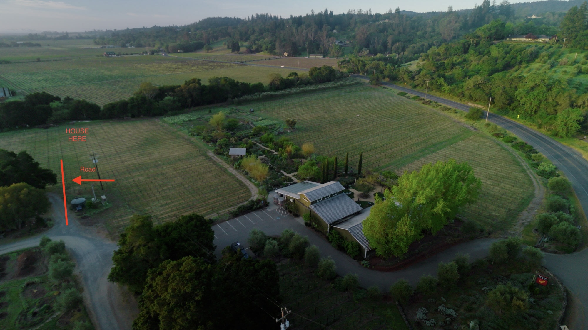 This stunning aerial view captures a spacious vineyard property featuring a main building with a contemporary metal roof. The landscape includes expansive grapevines, lush greenery, and a garden area, offering an idyllic and serene country setting. An unpaved access road leads to the property, emphasizing its private and tranquil nature.
