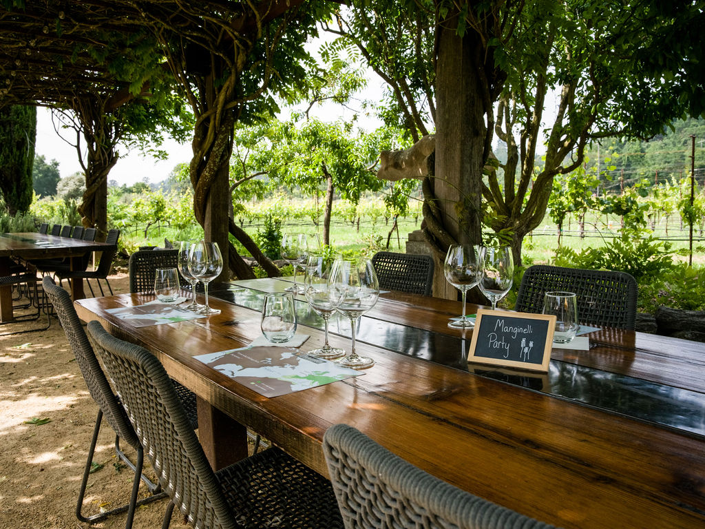 This outdoor dining space features a rustic wooden table set beneath a natural, vine-covered pergola, creating an inviting al fresco atmosphere. Overlooking lush vineyards and greenery, the area includes modern woven chairs and table settings, ideal for entertaining. It offers a charming and serene setting that enhances the property's appeal for outdoor lifestyle enthusiasts.