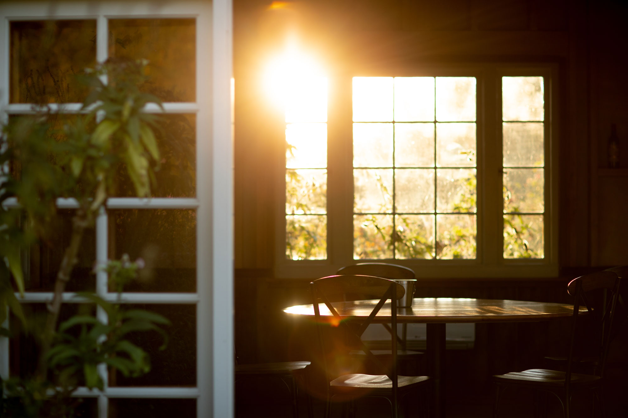 This warm and inviting dining area is defined by its classic round wooden table and minimalist chairs, framed by a striking wall of windows that bathe the space in golden hour sunlight. The rustic, wood-paneled walls contribute to a cozy and organic atmosphere, making it a perfect spot for intimate meals. The combination of natural light and simple, clean-lined furnishings creates a serene and timeless aesthetic.
