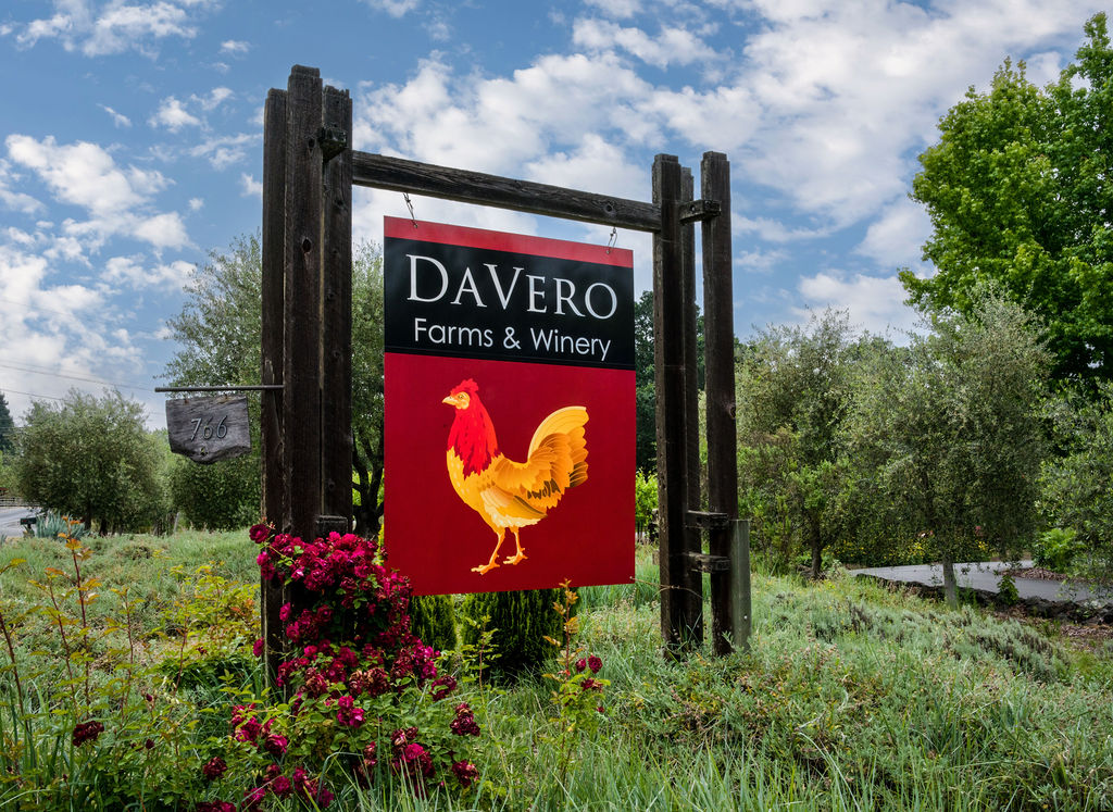 This image features the prominent entrance sign for DaVero Farms & Winery, characterized by a rustic wooden support structure. The signage prominently displays a colorful rooster graphic set against a red background, with a small secondary sign indicating the property number '766'. The scene is framed by vibrant blooming roses and lush, green natural landscaping, conveying a welcoming, picturesque farm estate aesthetic.