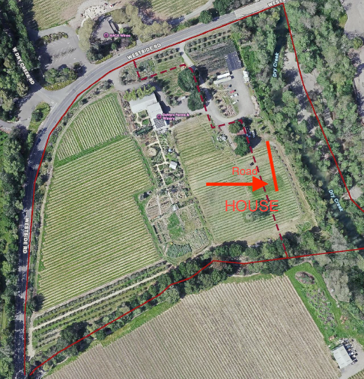 This is an aerial view of a large agricultural property, likely a vineyard or farm, bordering Westside Road and Dry Creek. The landscape includes organized rows of vines, a central garden area, and existing structures identified as a winery and a residential building. The property offers significant acreage with established infrastructure and convenient access to local roads.