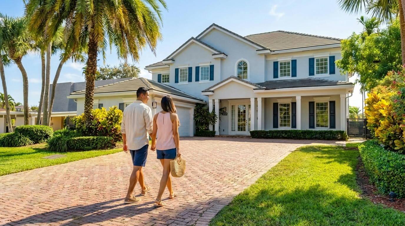 This is a front view of a two-story house with a well-maintained red brick driveway and green lawn. The house features light blue exterior paint, white columns supporting a covered porch, and dark blue shutters. Palm trees and manicured shrubs add to the property's curb appeal.