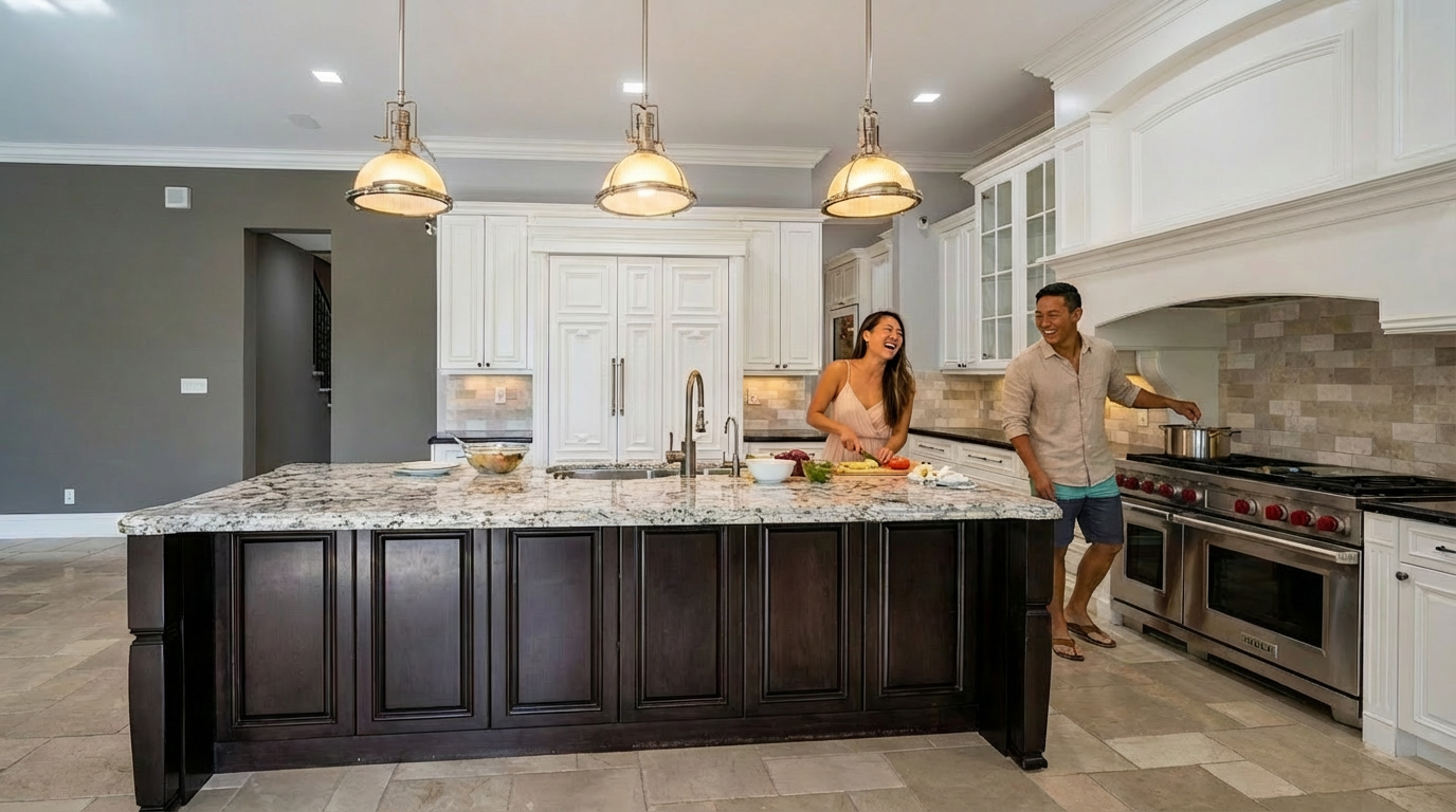 This is an interior shot of a spacious kitchen. It features a large center island with dark wooden cabinets and a light-colored granite countertop. There are stainless steel appliances and white cabinetry, along with pendant lighting over the island.