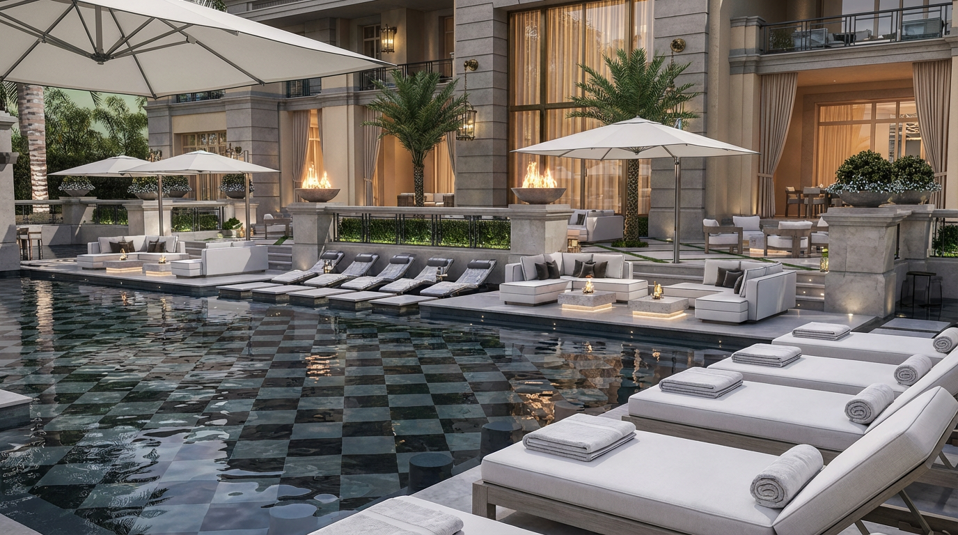 This image showcases a luxurious outdoor pool area designed for relaxation and entertainment. The scene features multiple lounge chairs, seating areas with sofas, and fire pits, all surrounding a meticulously designed pool with a patterned bottom. The ambiance is upscale and inviting, perfect for attracting potential buyers seeking a high-end outdoor space.