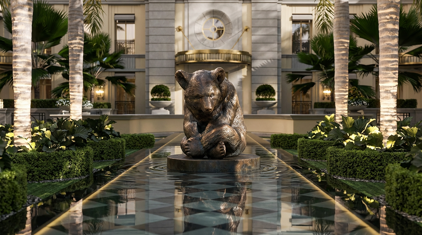 This is a beautifully landscaped yard or garden featuring a prominent bronze bear statue at the center of a water feature. The manicured hedges, palm trees, and the grand building in the background exude luxury and sophistication. The reflective water adds to the aesthetic appeal, making it a serene and inviting outdoor space.