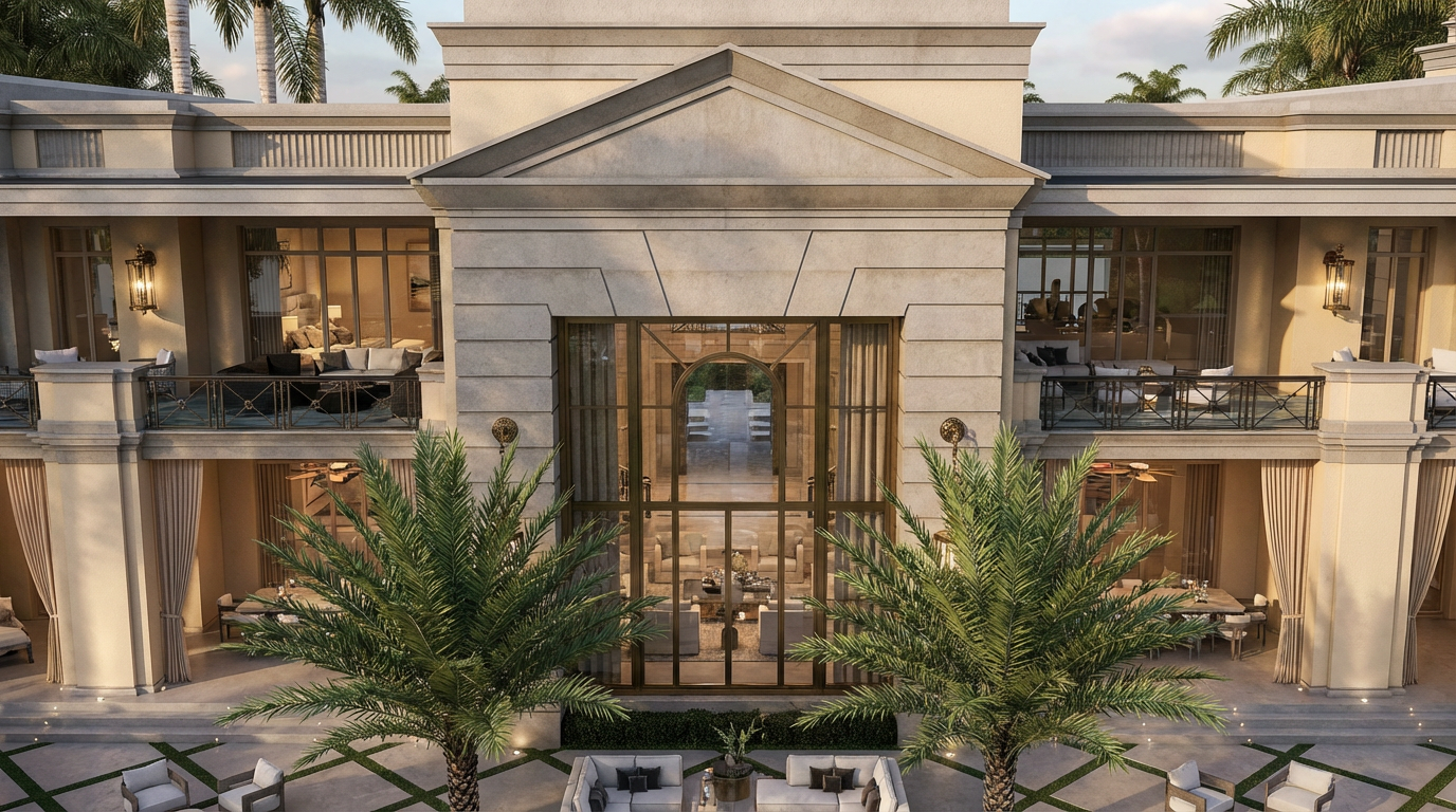 This is a grand front view of an estate with a symmetrical facade, showcasing an impressive entryway framed by large glass doors and greenery. The architecture features classical elements with modern touches, while balconies overlook the meticulously landscaped grounds. The overall impression is one of luxury, scale, and refined elegance.