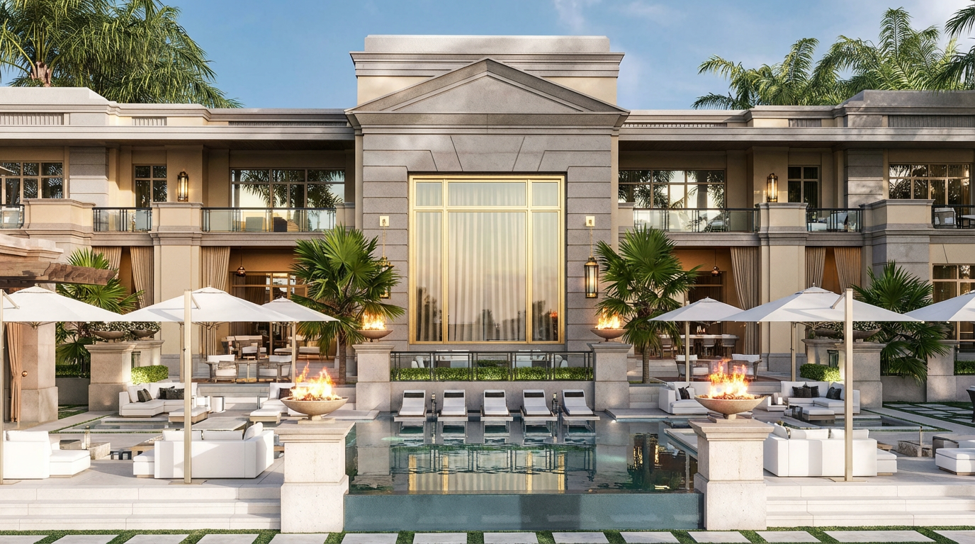 This image showcases the opulent rear exterior of a luxurious property. A pristine pool aligns with the building's central window feature, complemented by stylish lounge seating and fire features. The design emphasizes high-end outdoor living with elegant landscaping and architectural symmetry.