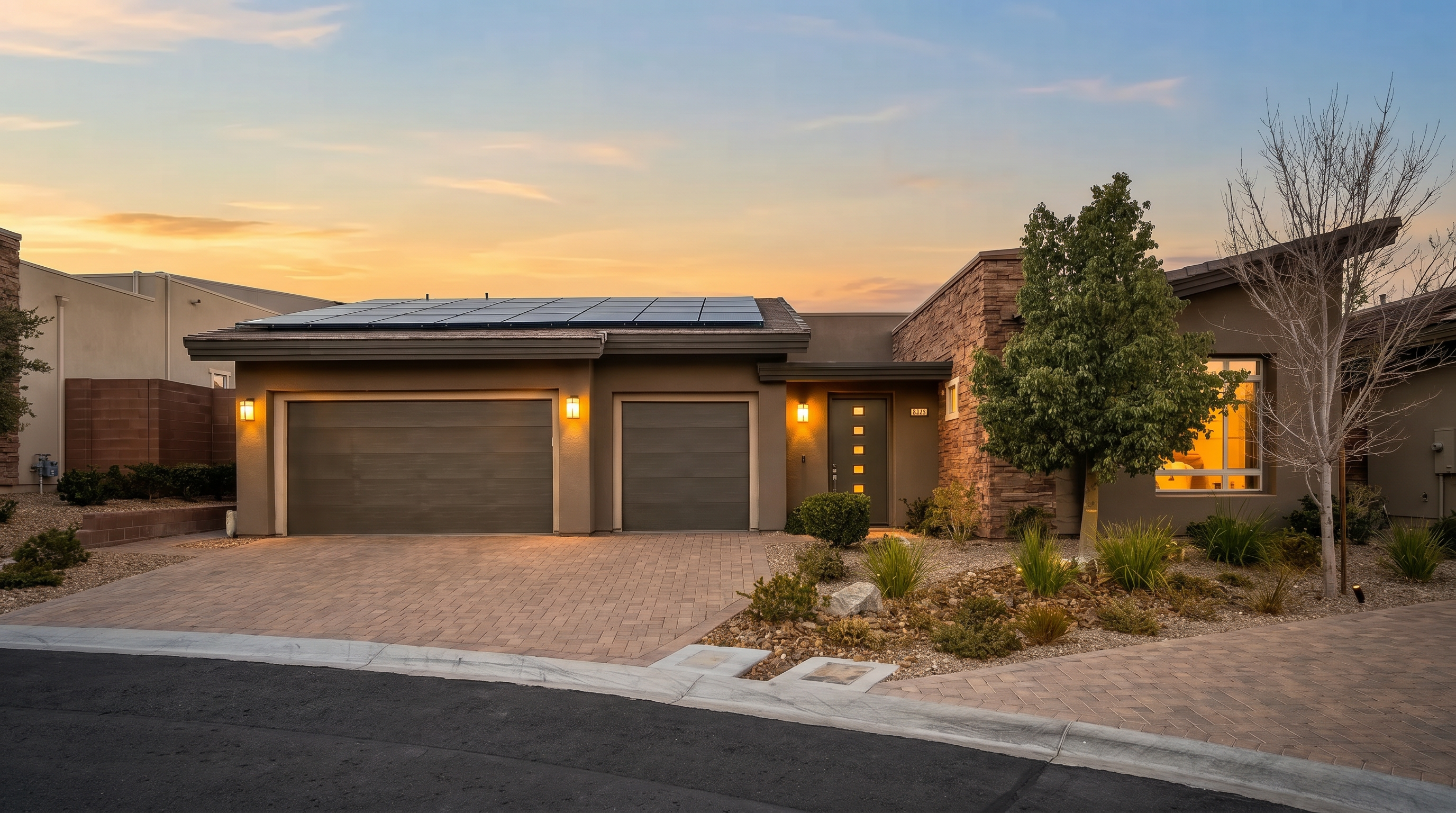 This modern single-story residence features a striking mix of stucco and stone veneer exterior, complemented by a low-profile flat roof equipped with solar panels. The property showcases a functional three-car garage layout paired with a clean xeriscaped landscape, attractive paver driveway, and warm ambient exterior lighting that enhances its contemporary curb appeal at dusk.