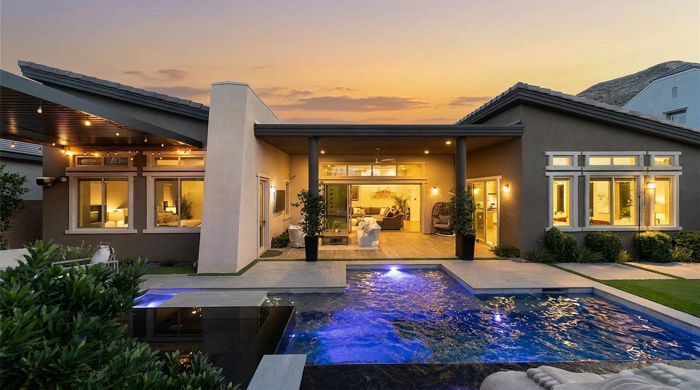 This modern single-family home features a stunning rear elevation complete with a contemporary swimming pool and a spacious covered patio. The design incorporates clean lines, neutral exterior tones, and large windows that seamlessly blend indoor and outdoor living spaces. With its inviting pool lighting and aesthetic landscaping, the backyard offers a sophisticated and relaxing atmosphere perfect for entertaining.