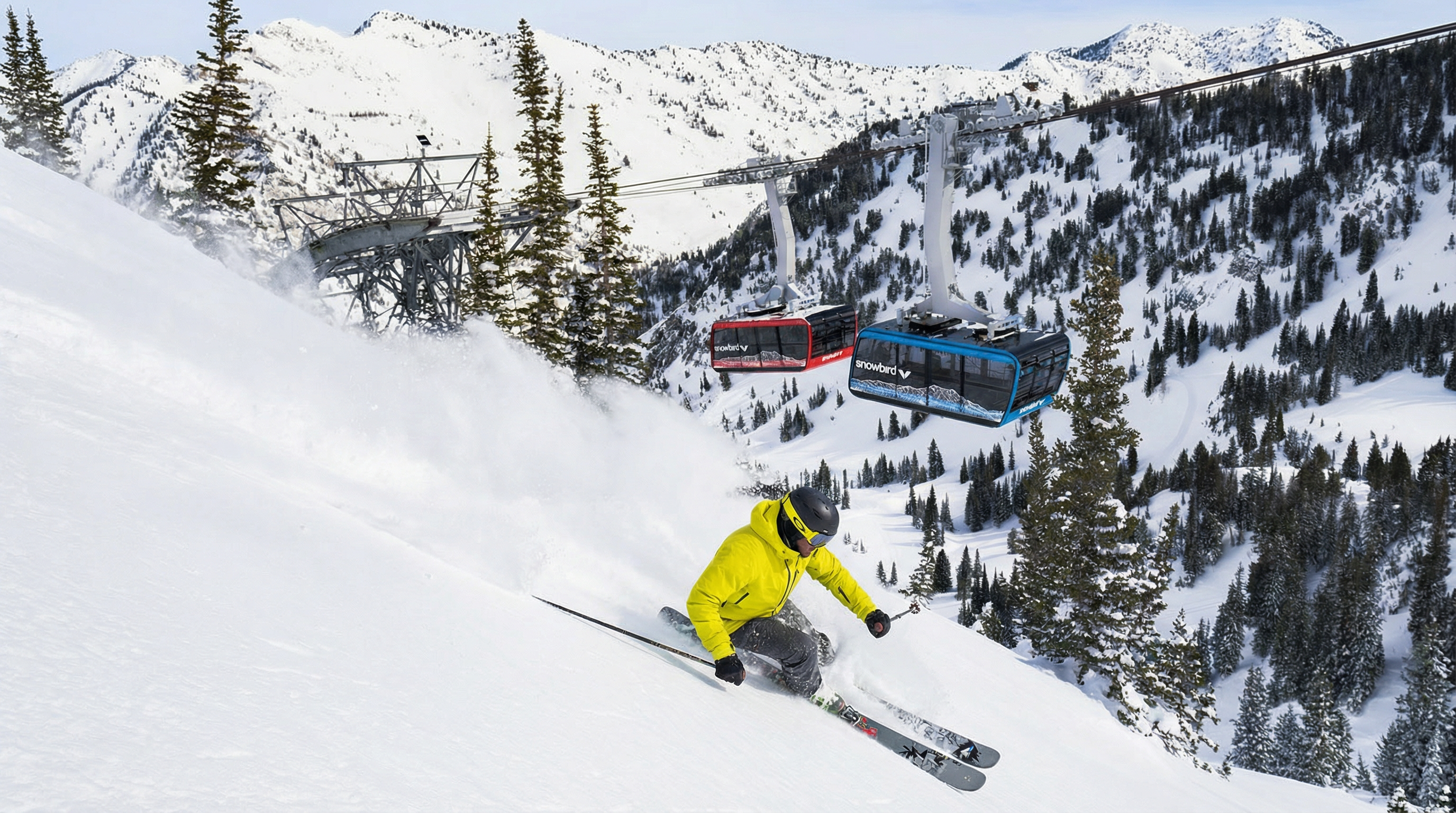 This image showcases a ski lift amenity in a snowy mountain setting, suggesting a recreational community with access to winter sports. The presence of a skier highlights the active lifestyle associated with this location. Gondolas are visible above the snowy slopes.