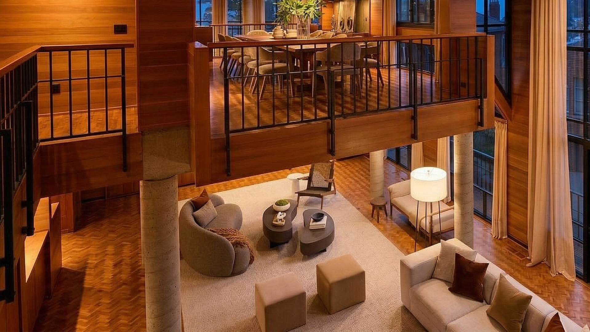 This spacious, open-concept living area features a sophisticated, modern minimalist design with warm wood paneling and elegant herringbone hardwood floors. The sunken seating area is anchored by curved sofas and unique organic-shaped coffee tables, creating an inviting lounge space directly beneath a mezzanine dining level. Tall windows draped in neutral floor-to-ceiling curtains flood the interior with natural light, emphasizing the home's airy, grand architectural scale.