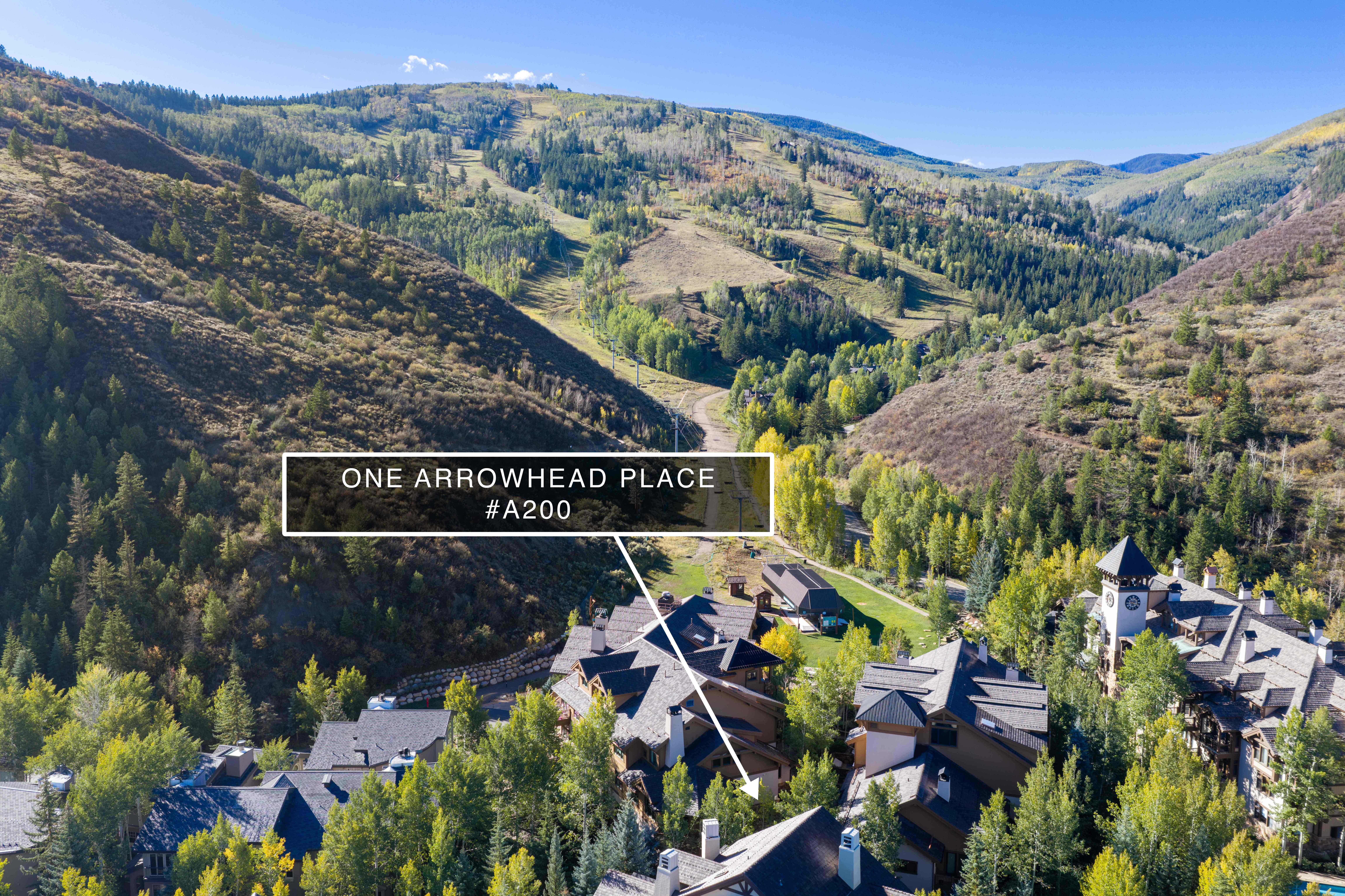 This high-angle aerial view showcases a residential complex nestled within a lush, mountainous valley. The property features traditional lodge-style architecture with dark pitched roofs, surrounded by dense forests and scenic mountain slopes, emphasizing its prime location in a serene, nature-oriented community.