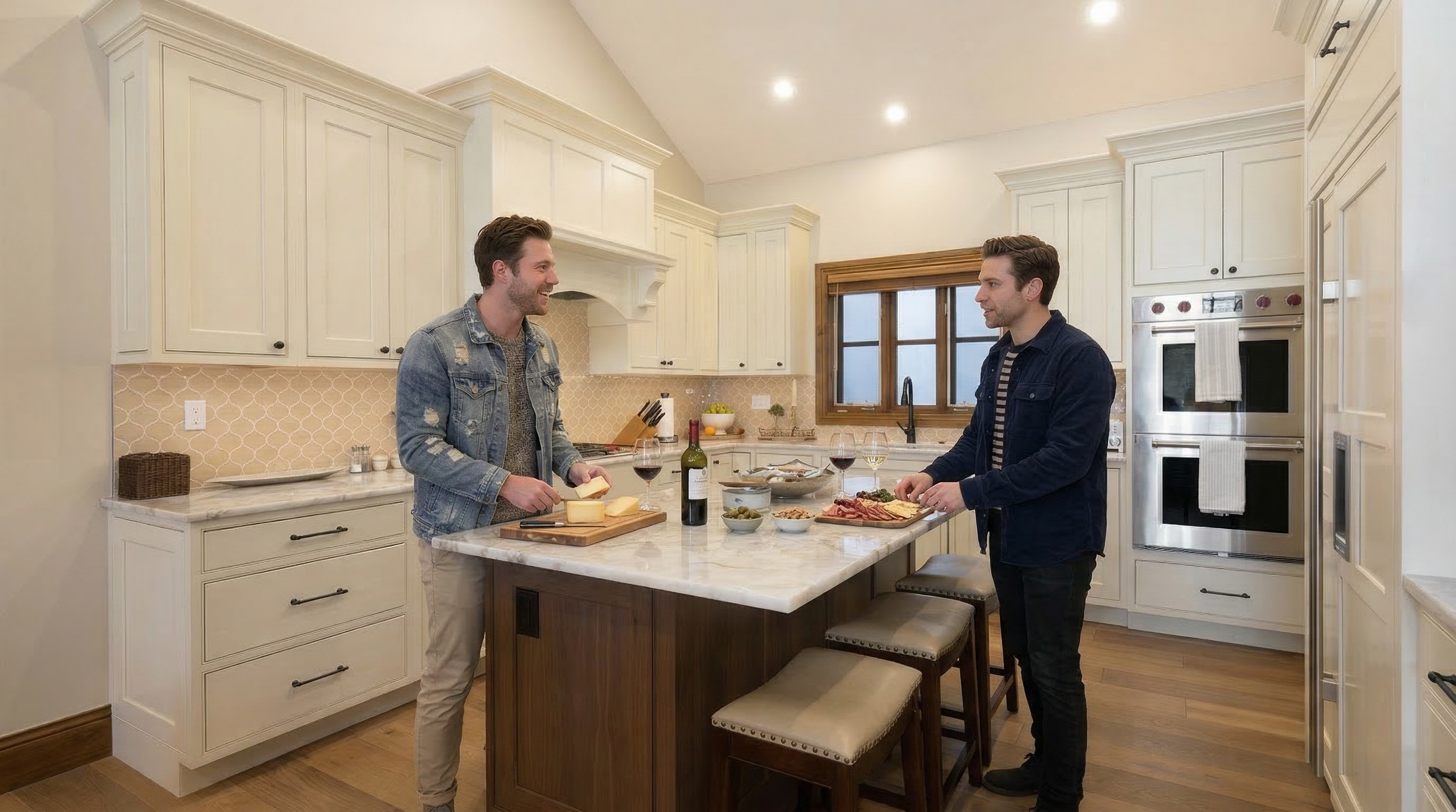 This bright, modern kitchen features high-end finishes including extensive white cabinetry, marble countertops, and a large central island with a wood-stained base. Two men are shown preparing food in the space, which boasts a vaulted ceiling, a decorative mosaic tile backsplash, and built-in stainless steel appliances. The warm wood flooring and recessed lighting create an inviting and sophisticated atmosphere, perfectly suited for socializing and home entertaining.