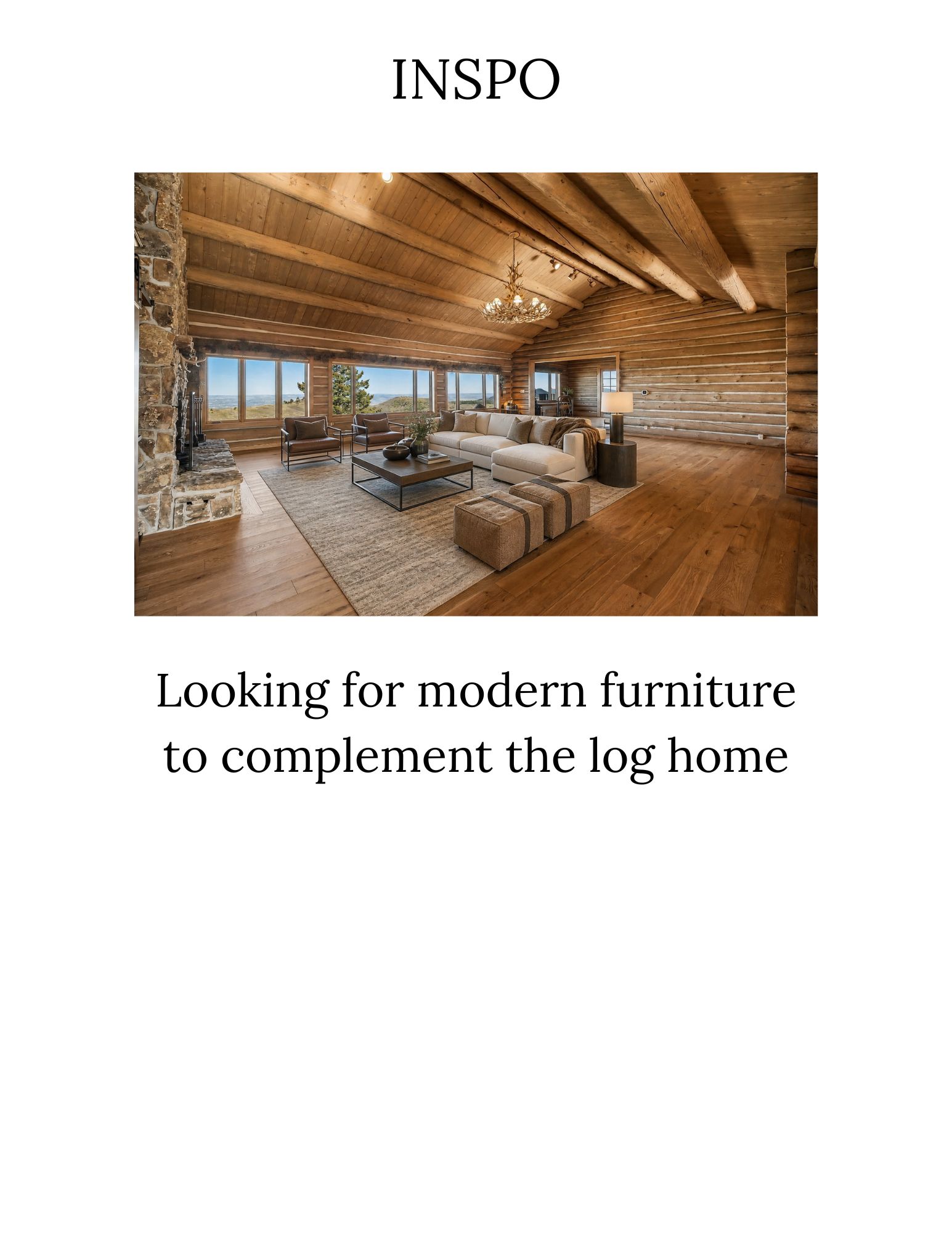This spacious living room features a rustic log cabin aesthetic with exposed wooden beams and walls, complemented by a large stone fireplace. The room is furnished with modern, neutral-toned seating, including a sectional sofa and armchairs, arranged on a textured area rug. A wide-angle perspective captures the expansive windows that offer a scenic view, creating a warm and inviting atmosphere.