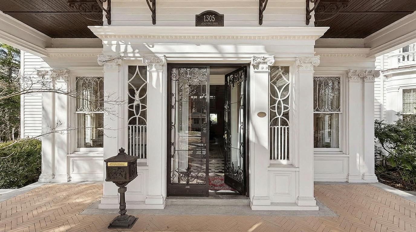 The image showcases the ornate entryway of a stately home. A decorative wrought iron double door is the focal point, flanked by sidelight windows with unique curvilinear designs. The entrance features detailed molding, columns with Corinthian capitals, and a brick herringbone pattern walkway creating a grand and welcoming first impression.