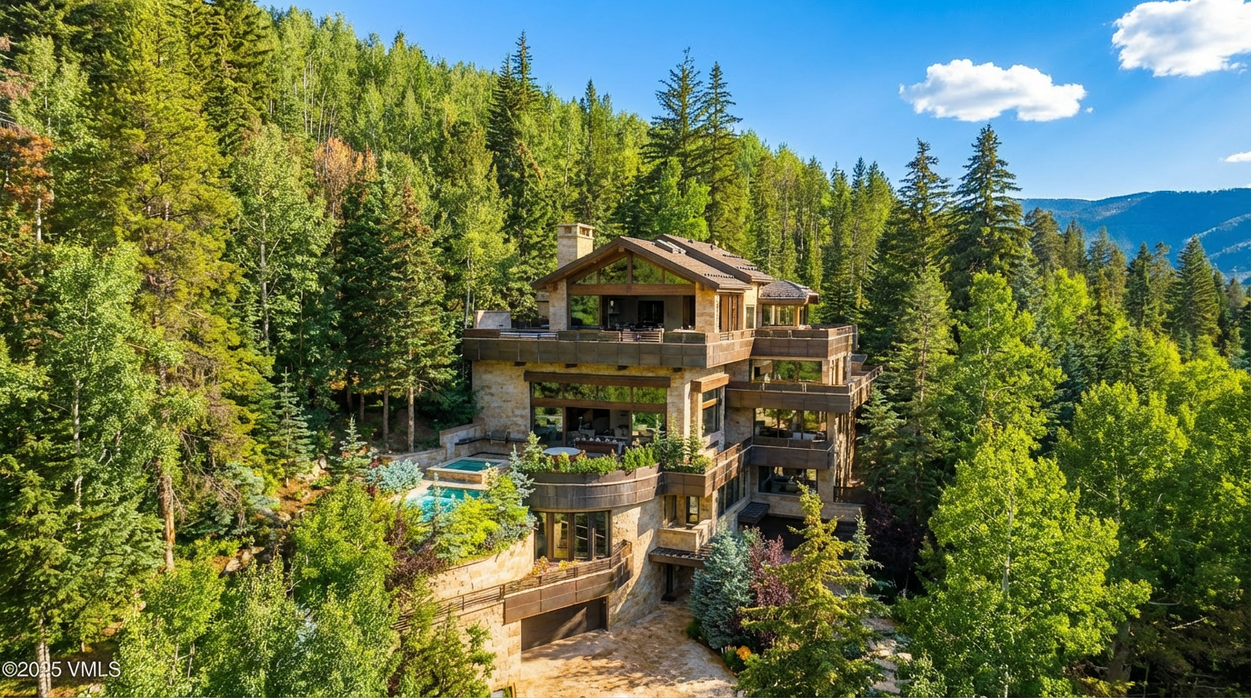 This aerial view showcasing a large, luxurious home nestled among dense trees gives it a very secluded and private feel. The architectural style incorporates stone elements with large glass windows and views of the natural surroundings, along with a pool and multiple decks/balconies. The overall impression emphasizes the property's integration with its lush, natural landscape.