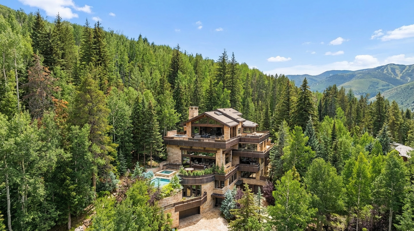 An aerial shot showcasing a luxurious multi-story home nestled amongst a dense forest. The house features multiple balconies, a swimming pool, and a hot tub, indicating high-end amenities and outdoor living spaces. The architecture blends seamlessly with the natural surroundings, offering privacy and stunning views.