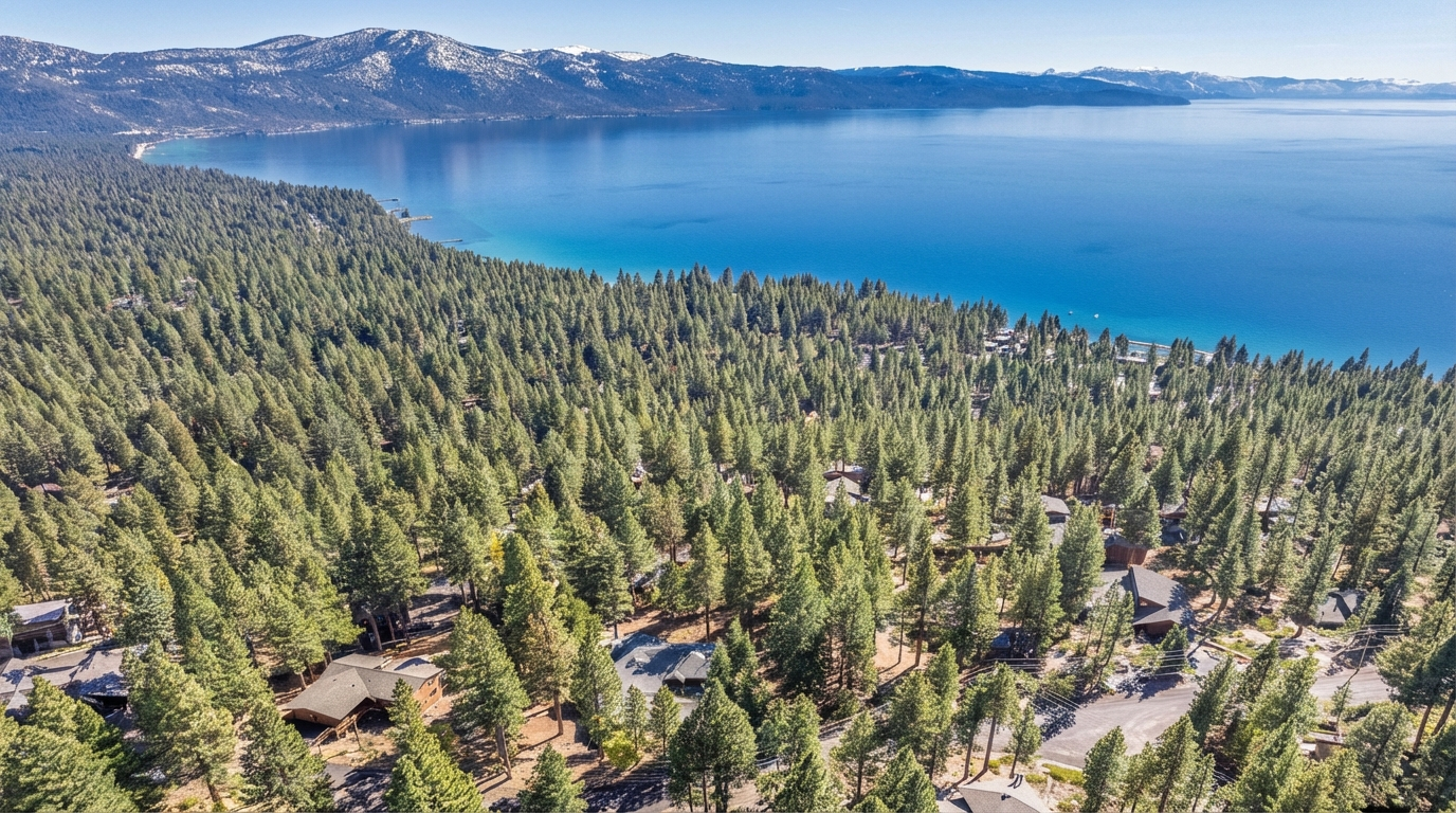 This aerial view showcases a cluster of residential homes nestled among a dense forest, situated near a large, picturesque lake and snow-capped mountains in the background. The homes feature varying roof styles and are surrounded by lush green trees, conveying a sense of privacy and tranquility. The image emphasizes the property's proximity to nature and scenic views, ideal for those seeking a peaceful retreat.