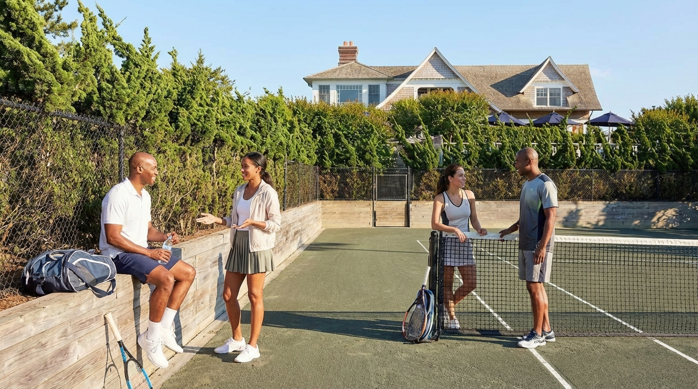 This image showcases a tennis court amenity with individuals casually dressed, some chatting and some pausing for a break. The well-maintained court bordered by lush greenery and a quaint wooden structure enhances the property's appeal. In the background, a glimpse of a charming house suggests a desirable residential setting.